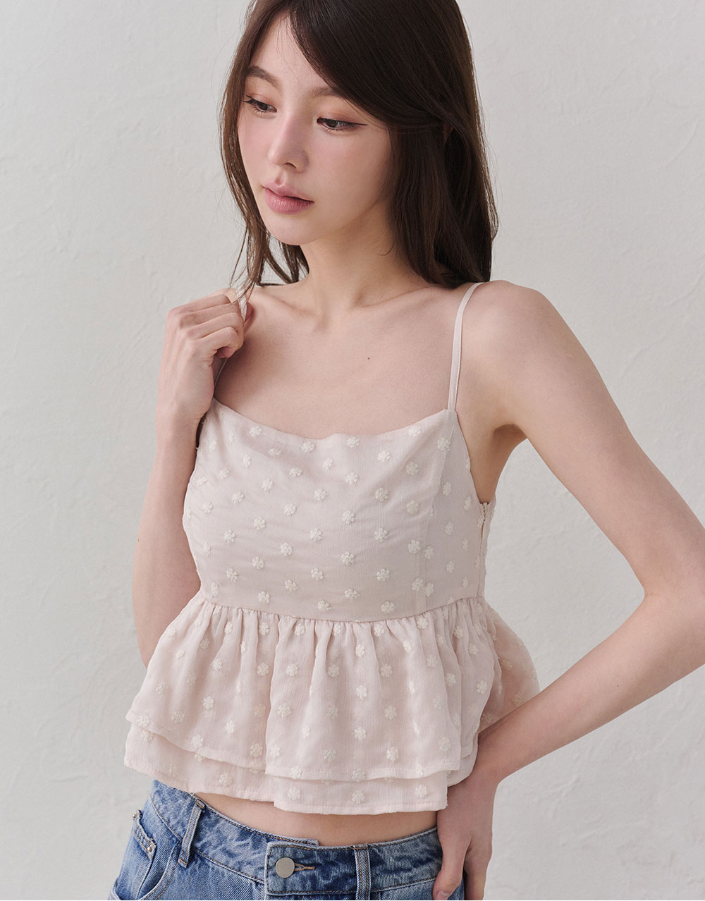 小花刺繡細肩上衣