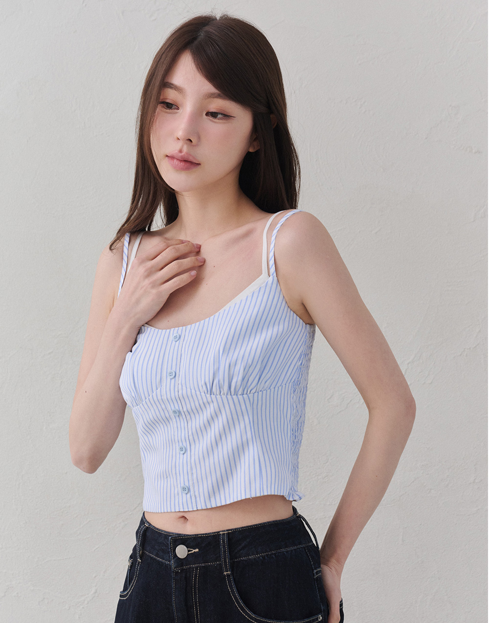 假兩件條紋雙肩帶上衣