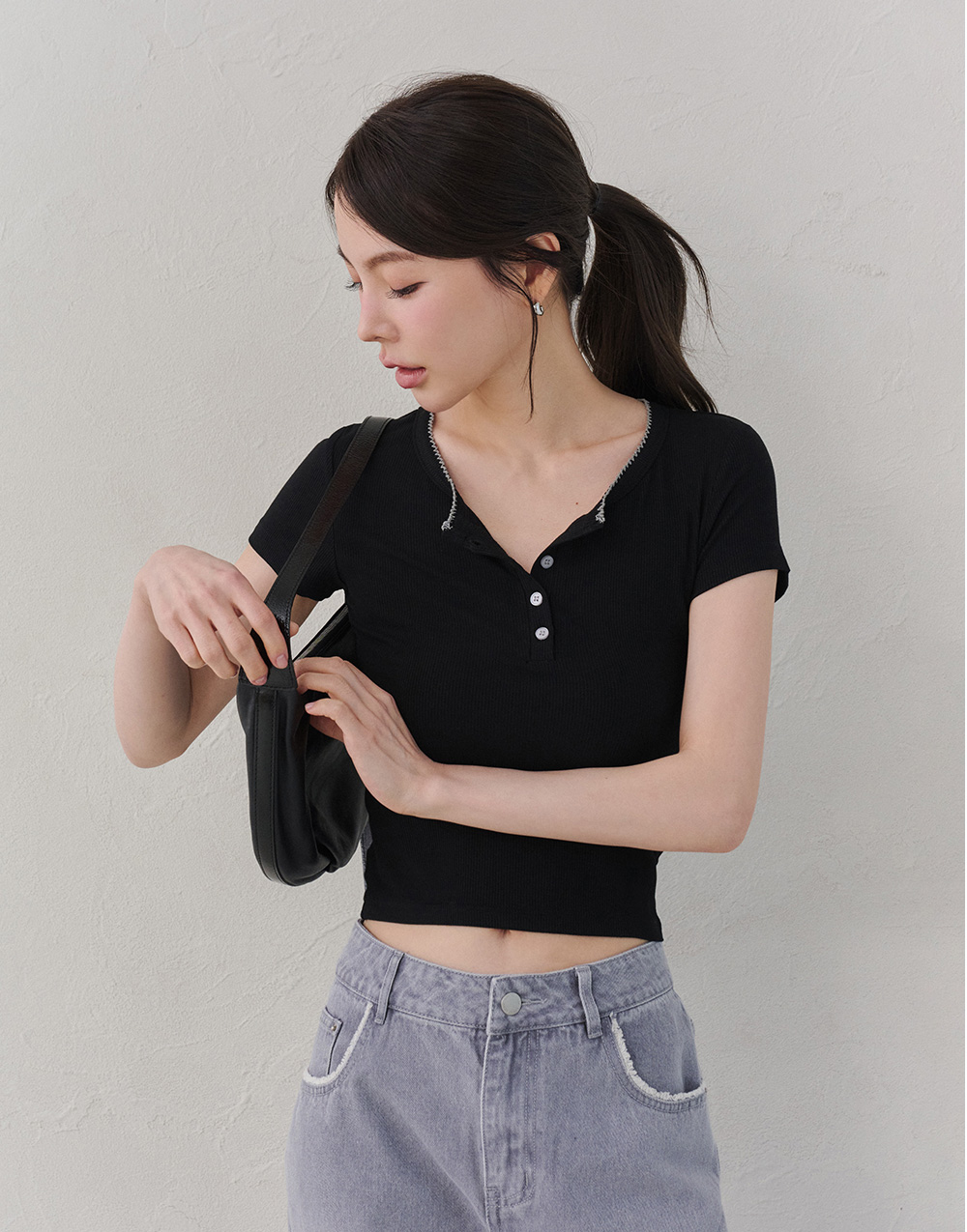 撞色圓領花邊上衣