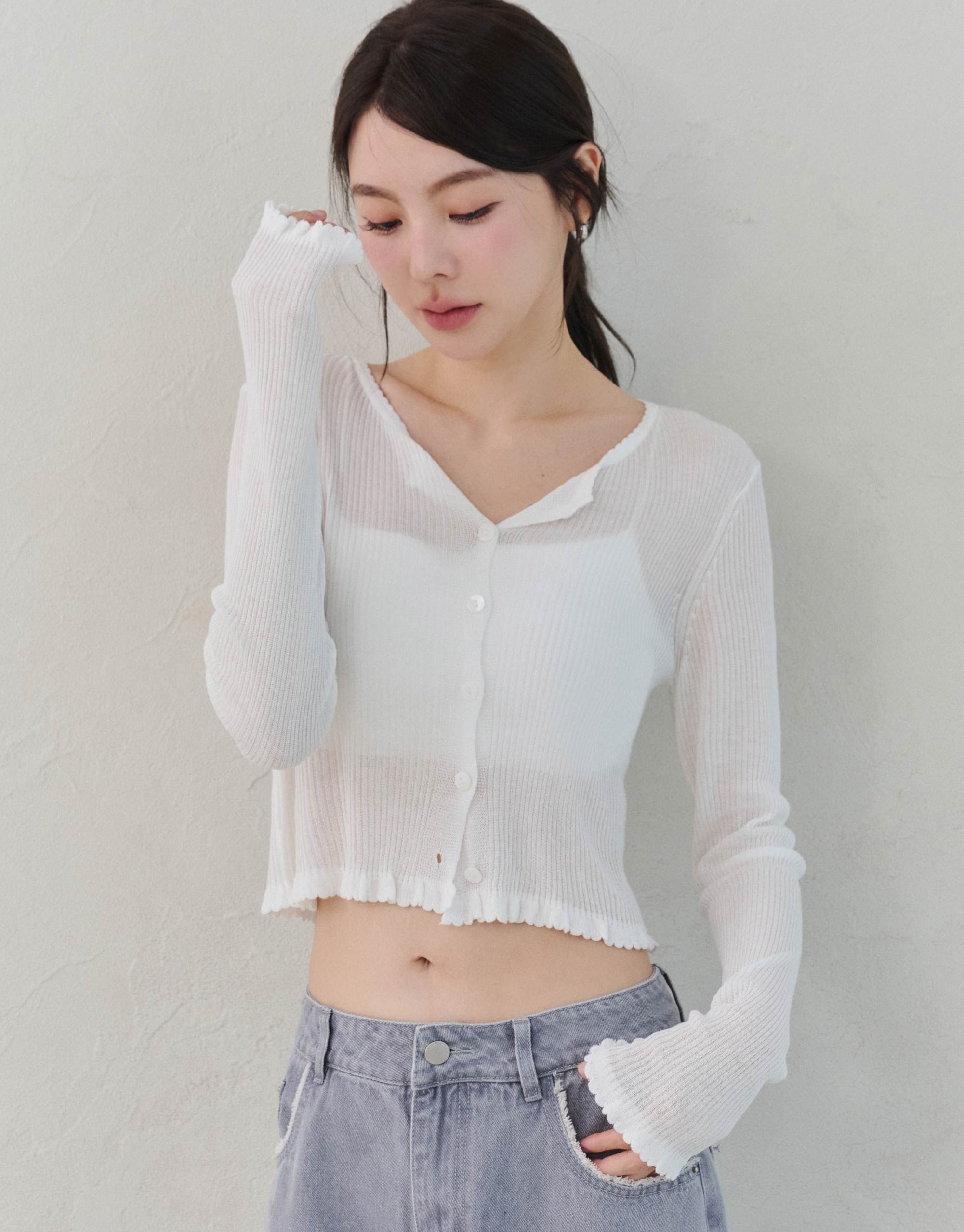 冰爽絲坑條捲邊針織外套