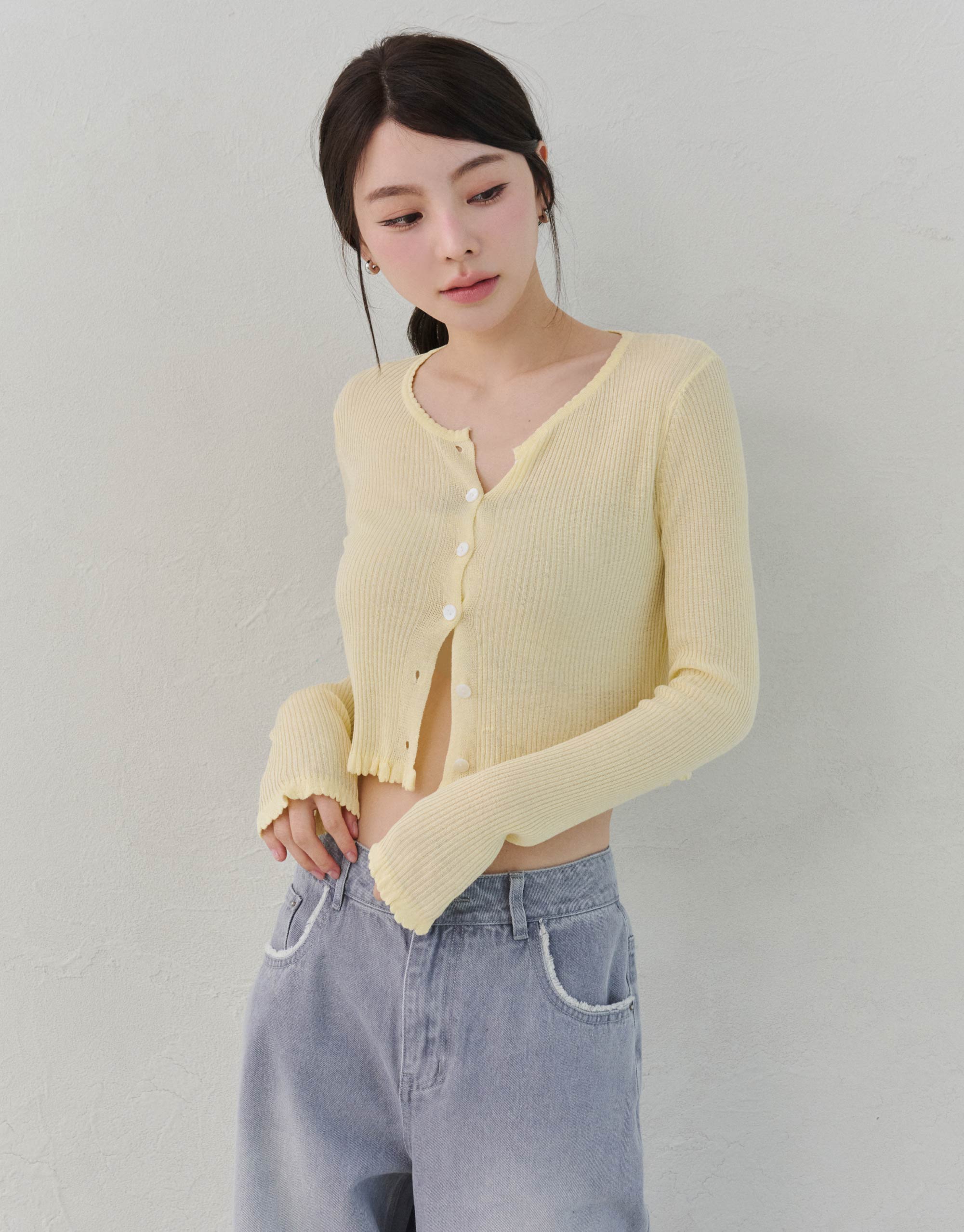 冰爽絲坑條捲邊針織外套