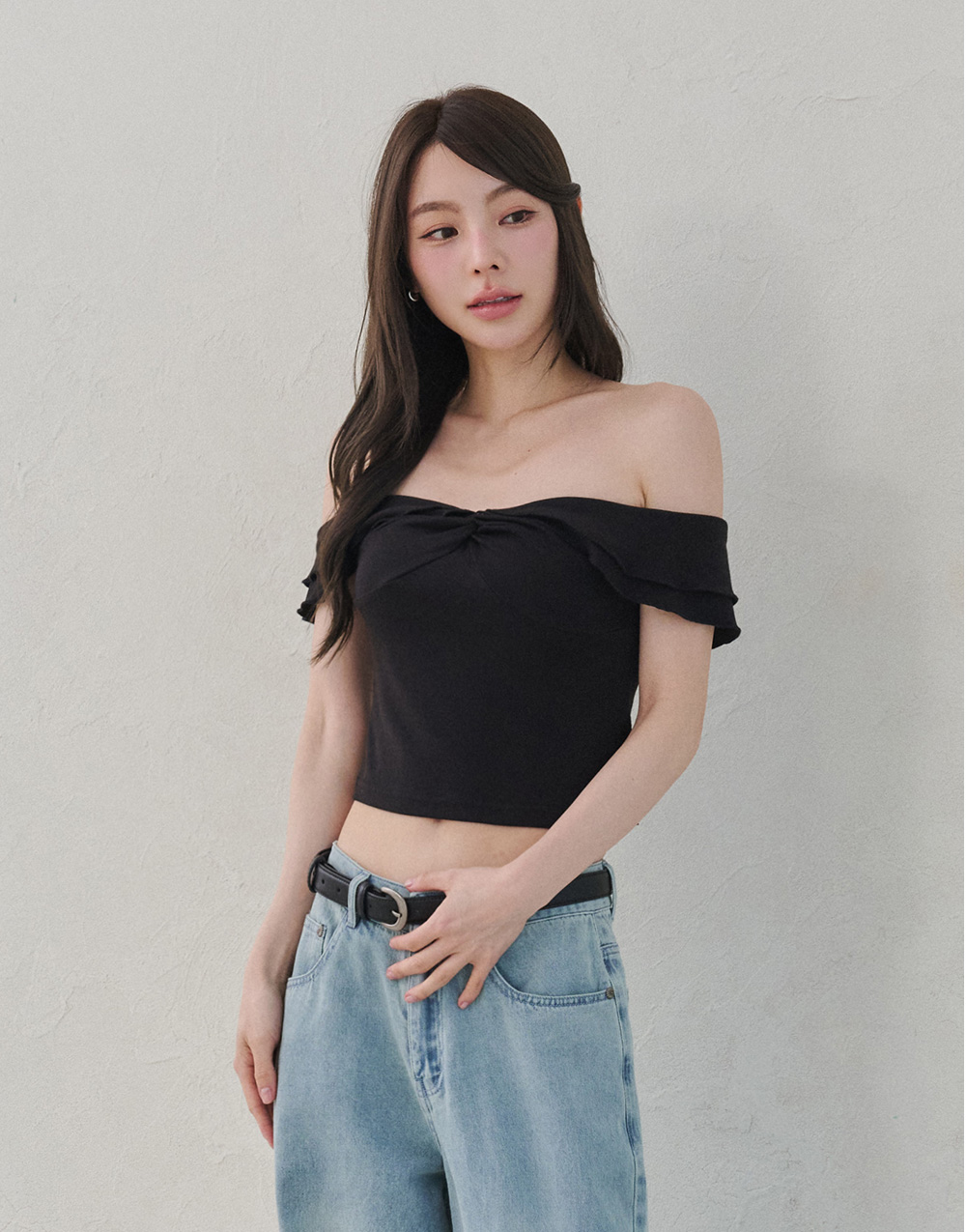 雙層荷葉邊一字領上衣