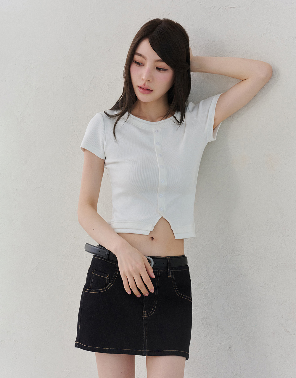 假兩件排釦羅紋短袖上衣