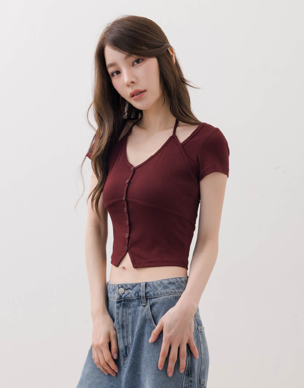 繞脖排釦短袖上衣