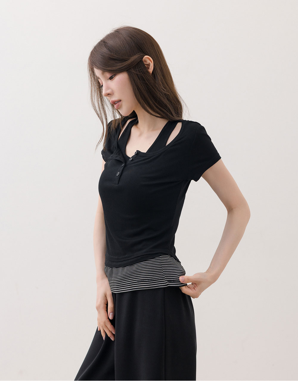 假兩件半開襟短袖上衣