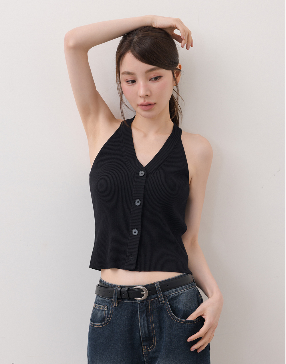 微削肩V領針織背心