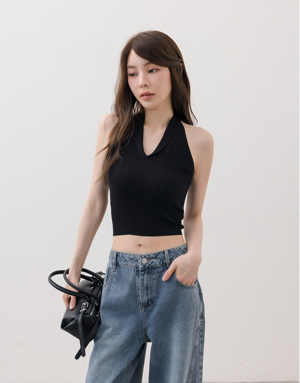 繞脖V領麻花針織背心