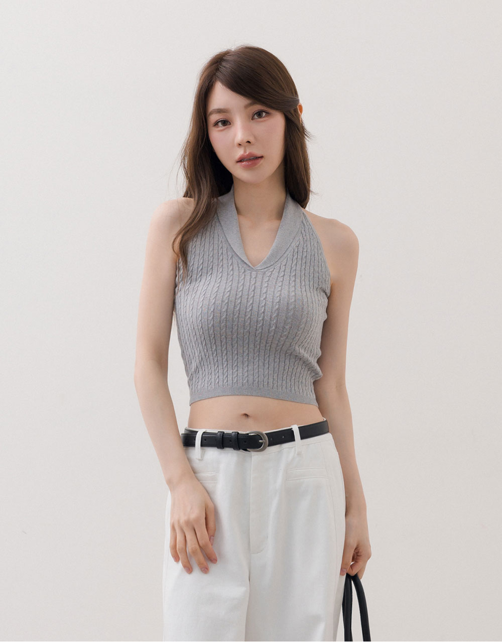 繞脖V領麻花針織背心