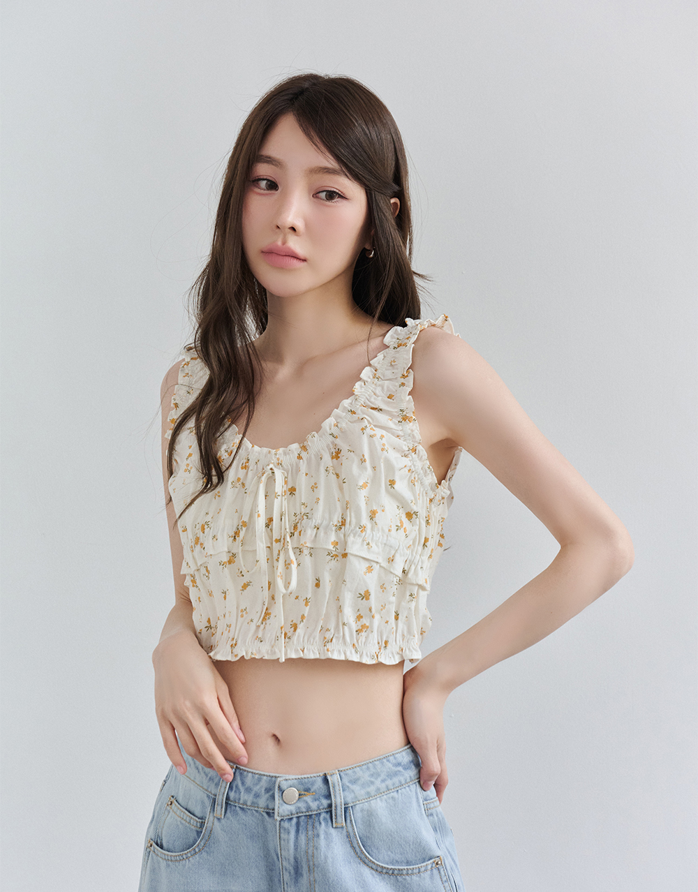 小花抽皺無袖上衣