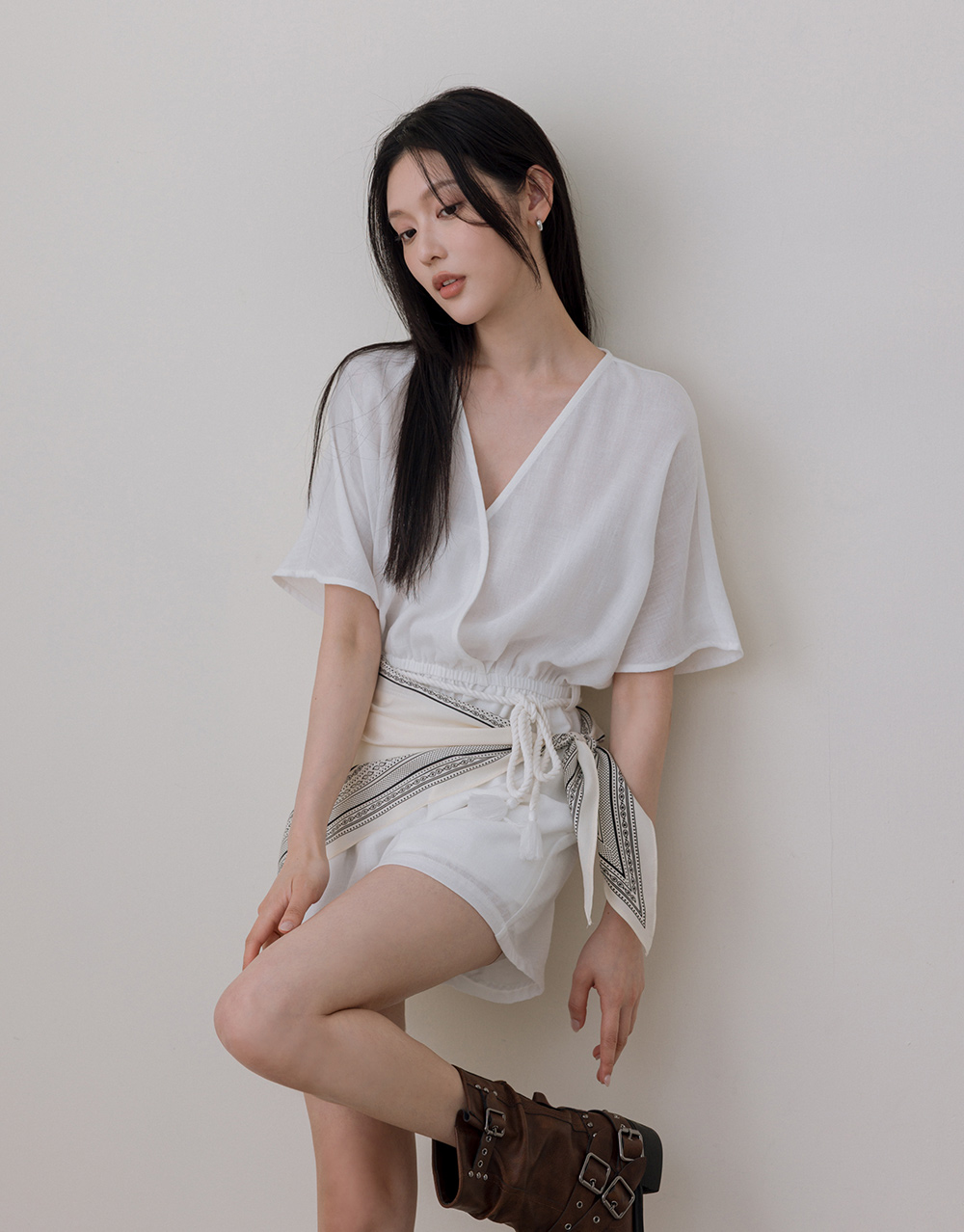 亞麻V領連身短褲