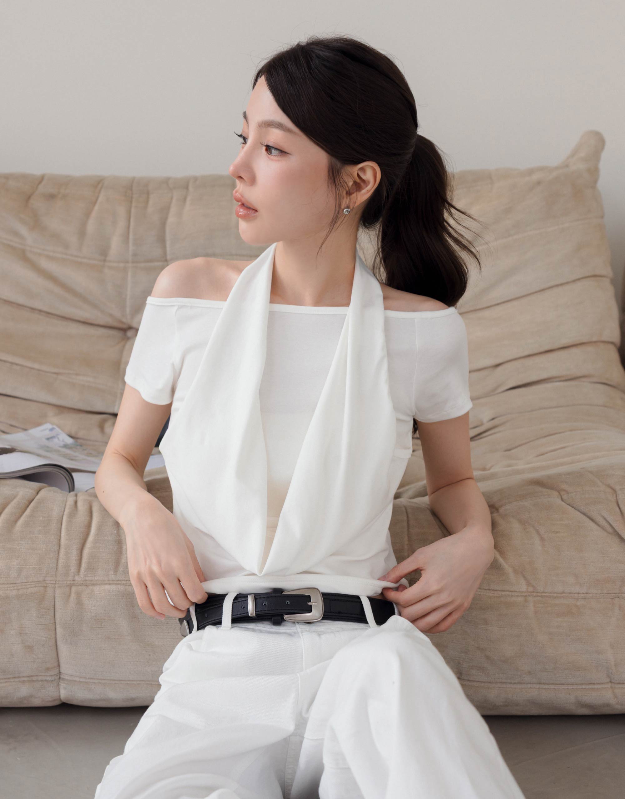 繞脖垂墜領假兩件上衣