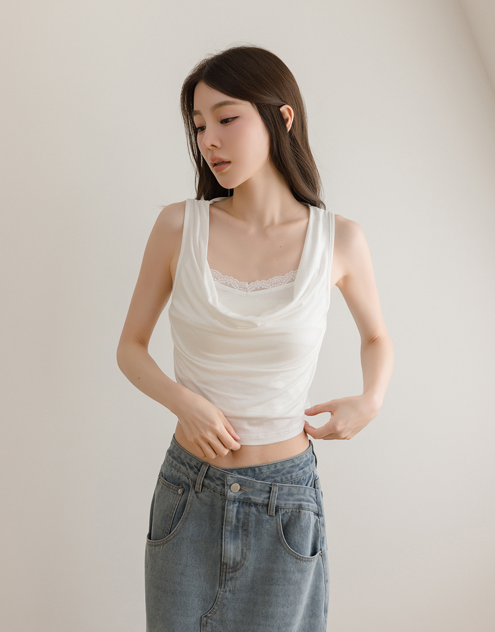 萊賽爾蕾絲假兩件垂領上衣