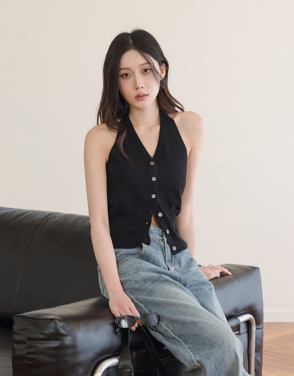 繞脖美背口袋針織上衣
