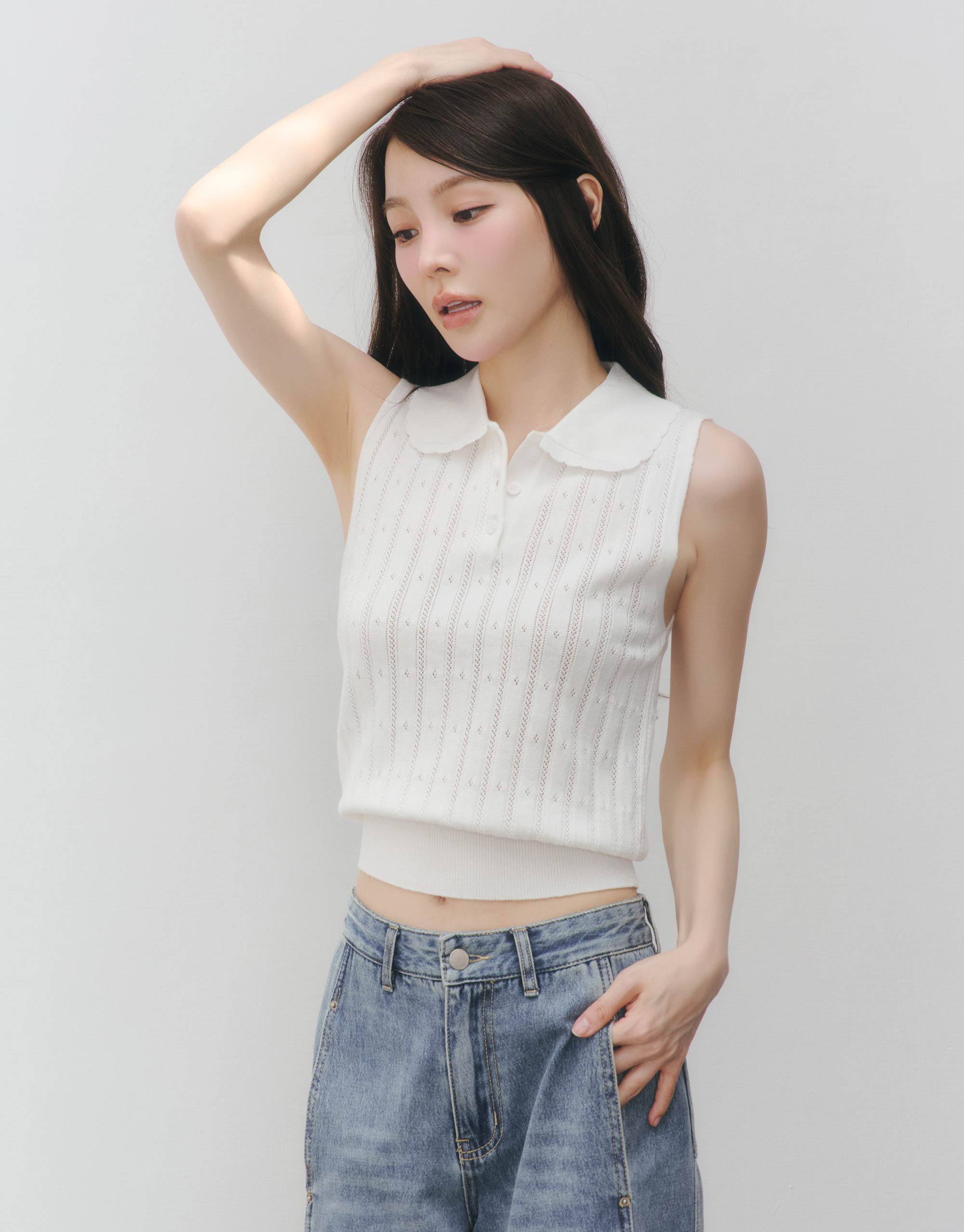 小花邊翻領緹花針織背心